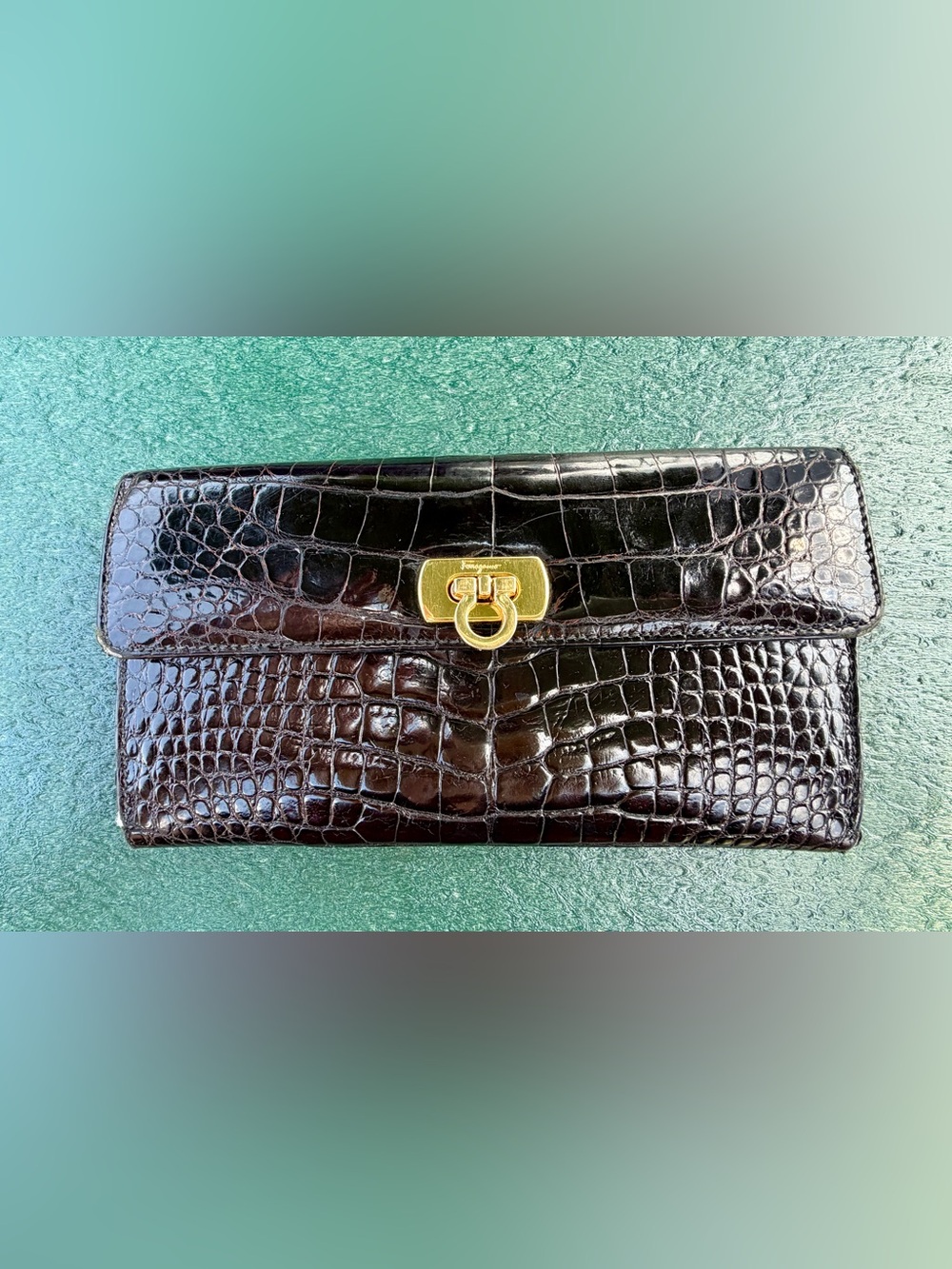 Ferragamo Genuine Crocodile Wallet Clutch with Gancini clasp and kiss lock